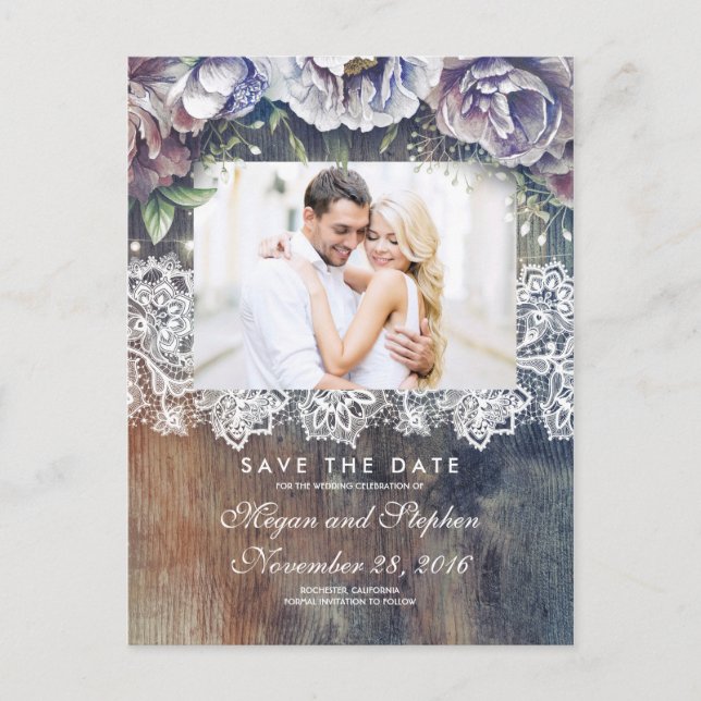 Taupe, Blue and Maroon Floral Rustic Save the Date Announcement Postcard (Front)