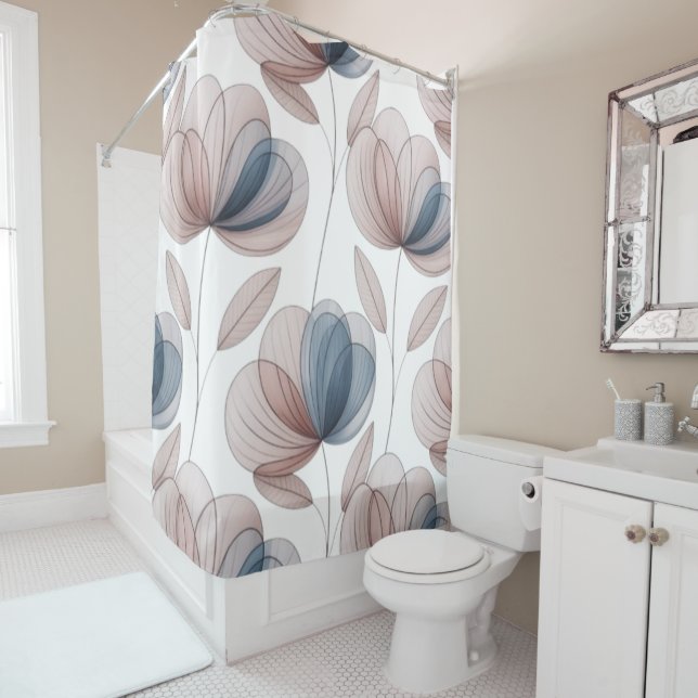 Taupe Blue Petals Shower Curtain (In Situ)