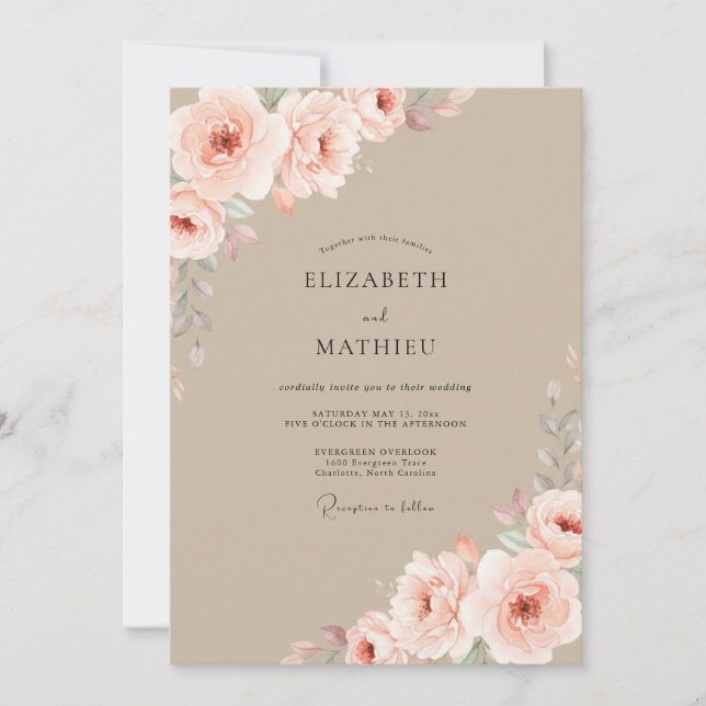 Taupe Blush Peony Wedding Invitation (Front)