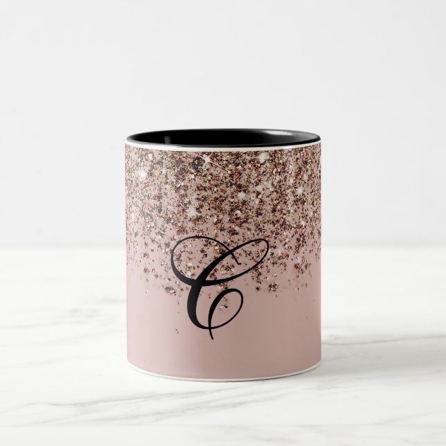 Taupe Blush Pink Rose Bronze Gold Glitter Glam Two-Tone Coffee Mug (Center)