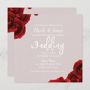 Taupe Blush Red Watercolor Roses Modern Wedding Invitation
