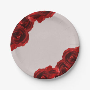 Taupe Blush Red Watercolor Roses Modern Wedding Paper Plate