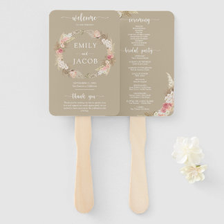 Taupe Boho Floral Wedding Program hand Fan