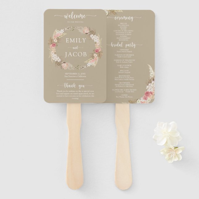 Taupe Boho Floral Wedding Program hand Fan (Front and Back)
