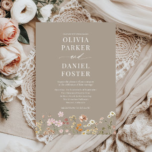 Taupe Boho Wildflower Minimalist Wedding Invitation