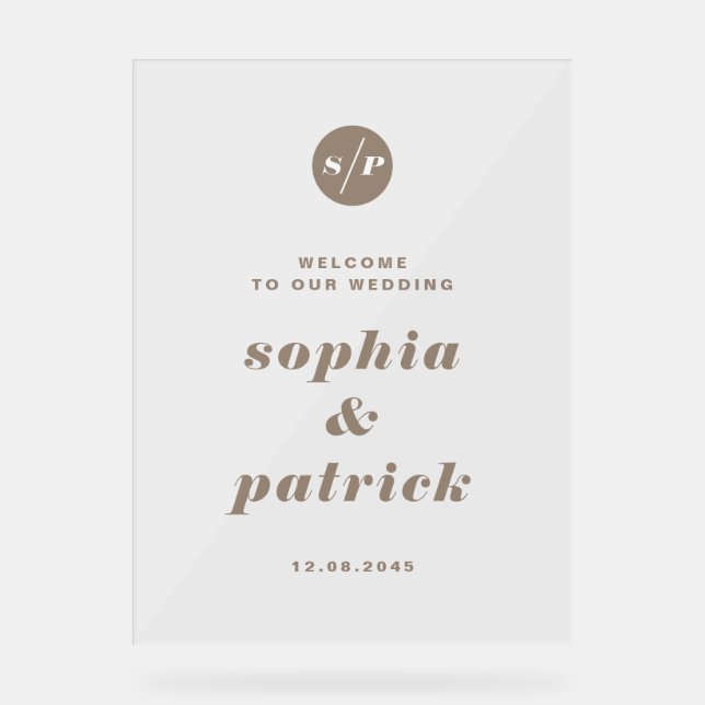 Taupe Bold Italic Typography Wedding Welcome Acrylic Sign (Front)