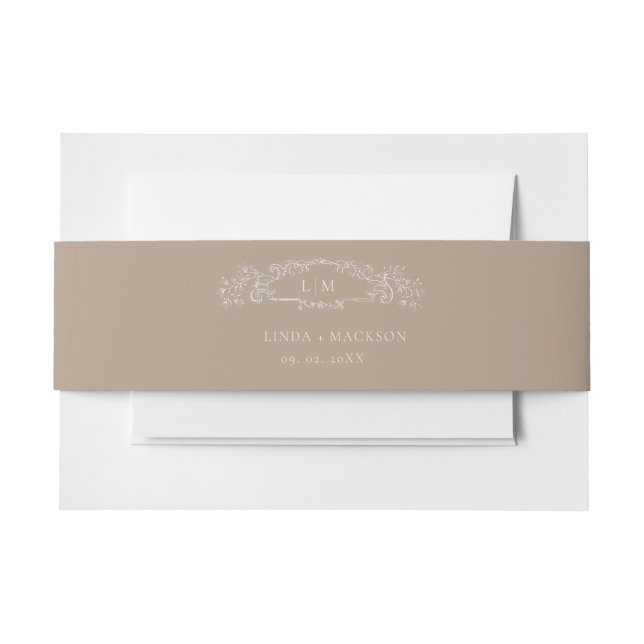 Taupe botanical crest monogram wedding invitation belly band (Front Example)