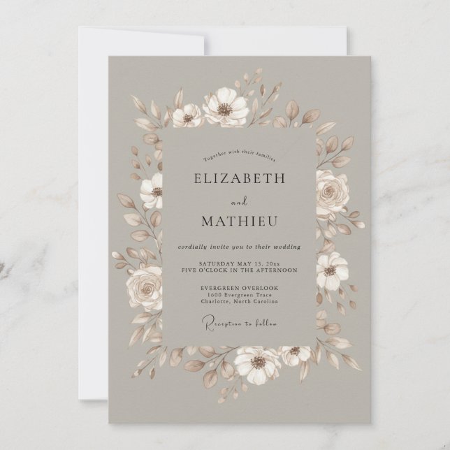Taupe Botanical Romance Wedding Invitation (Front)