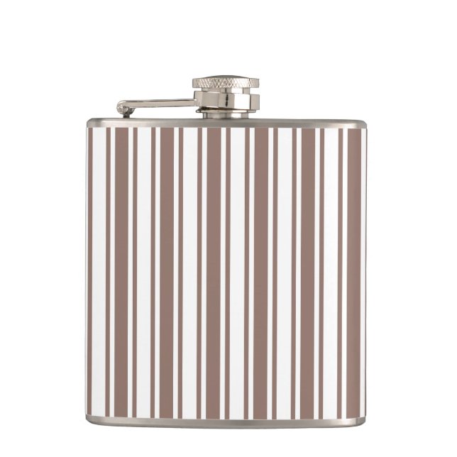 Taupe brown and white candy stripes hip flask (Front)