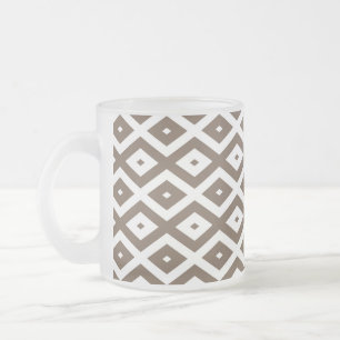 Taupe brown and white diamond pattern frosted glass coffee mug
