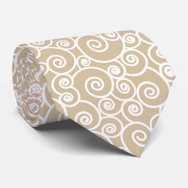 Taupe Brown and White Swirls and Circles Patterned Tie (Rolled)