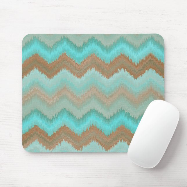 Taupe Brown Aqua Turquoise Ikat Zigzag Pattern Mouse Mat (With Mouse)