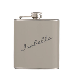 Taupe Brown Elegant Script Name Wedding Party  Hip Flask