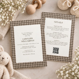 Taupe Brown Gingham All in One Retro Baby Shower Invitation