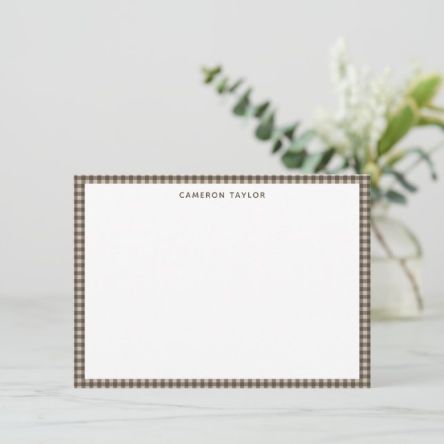 Taupe Brown Gingham Check Personalised Name Card (Standing Front)