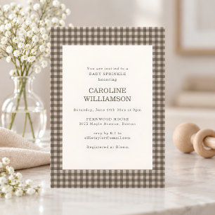 Taupe Brown Gingham Check Plaid Baby Sprinkle Invitation