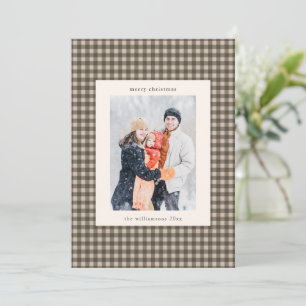 Taupe Brown Gingham Custom Family Photo Christmas Holiday Card