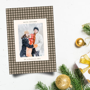 Taupe Brown Gingham Custom Family Photo Christmas Holiday Card