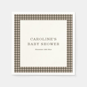 Taupe Brown Gingham Plaid Custom Baby Shower Napkin