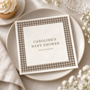 Taupe Brown Gingham Plaid Custom Baby Shower Napkin