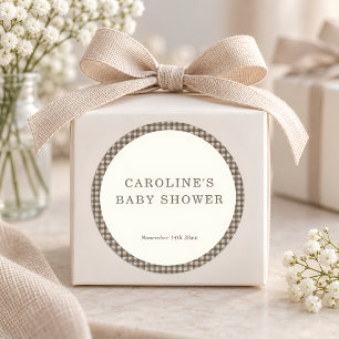 Taupe Brown Gingham Plaid Retro Baby Shower Classic Round Sticker
