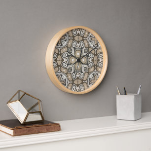 Taupe Brown Gray Beige Hip Bohemian Art Motif Clock