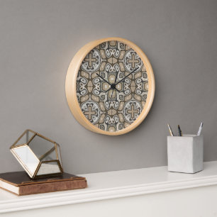Taupe Brown Gray Beige Hip Bohemian Art Motif Clock