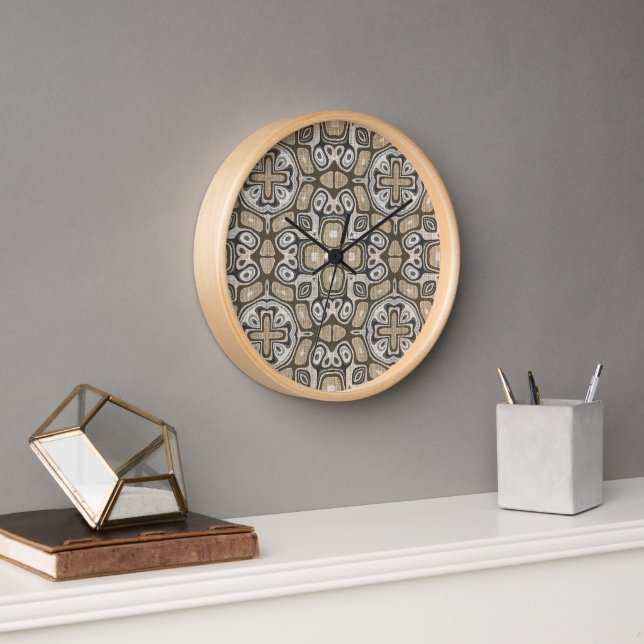 Taupe Brown Grey Beige Hip Bohemian Art Motif Clock (Office)