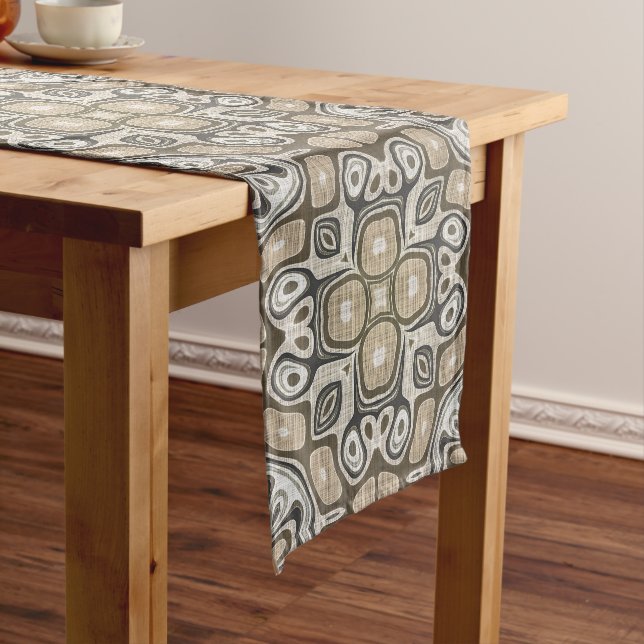 Taupe Brown Grey Beige Hip Bohemian Art Motif Medium Table Runner (In Situ)