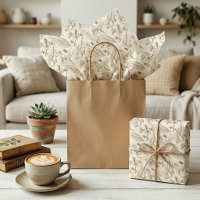 Taupe Brown Leaves Floral Pattern On Ivory Ecru
