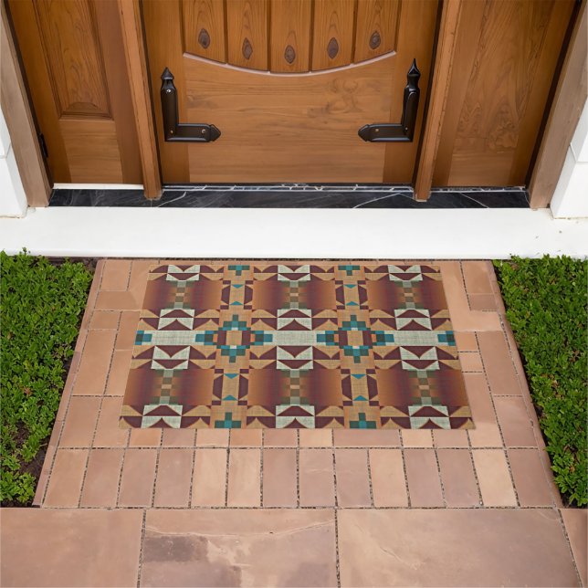 Taupe Brown Orange Teal Blue Green Tribal Art Doormat (Outdoor)