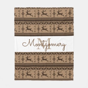 Taupe & Brown Reindeer Nordic Sweater Pattern Fleece Blanket