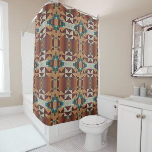 Taupe Brown Teal Blue Green Tribal Art Pattern Shower Curtain