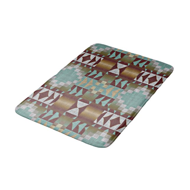 Taupe Brown Turquoise Aqua Blue Tribal Pattern Bath Mat (Angled)