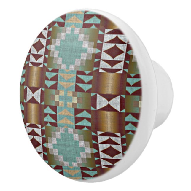 Taupe Brown Turquoise Aqua Blue Tribal Pattern Ceramic Knob (Right)