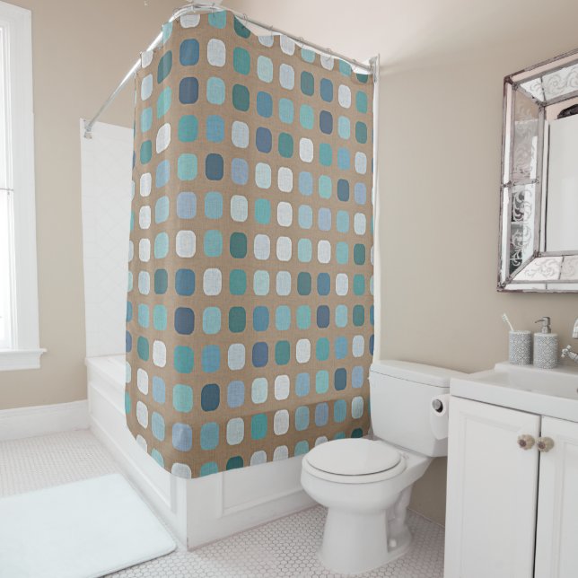 Taupe Brown Turquoise Light Blue Round Squares Art Shower Curtain (In Situ)
