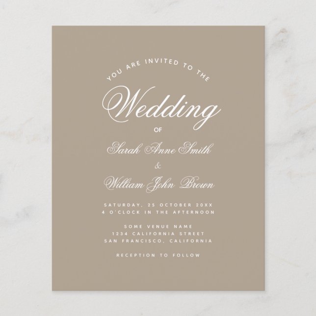 Taupe Budget Simple Calligraphy Wedding Invitation (Front)