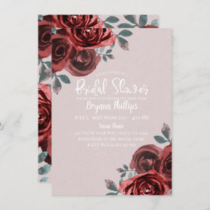 Taupe Burgundy Watercolor Roses Bridal Shower Invitation