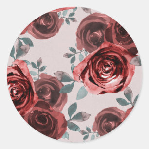 Taupe Burgundy Watercolor Roses Greenery Wedding Classic Round Sticker