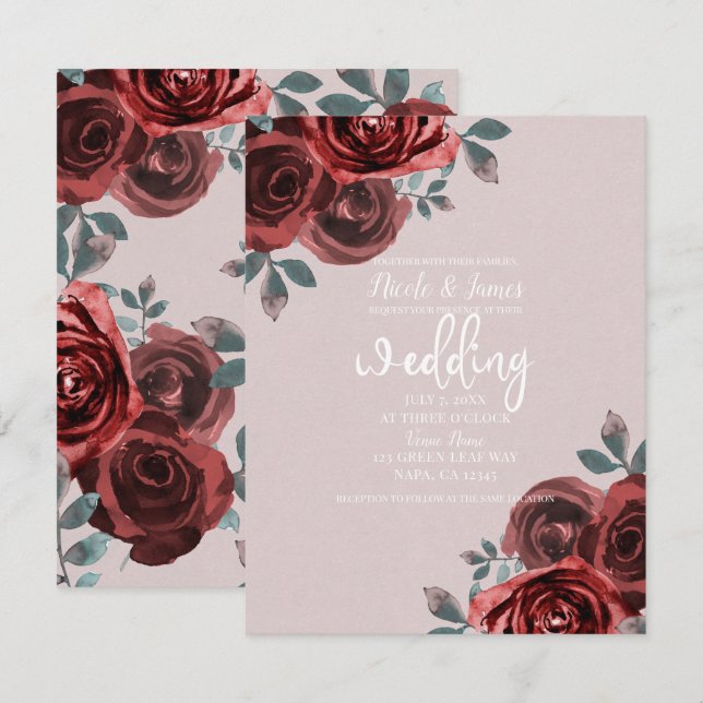 Taupe Burgundy Watercolor Roses Greenery Wedding Invitation (Front/Back)
