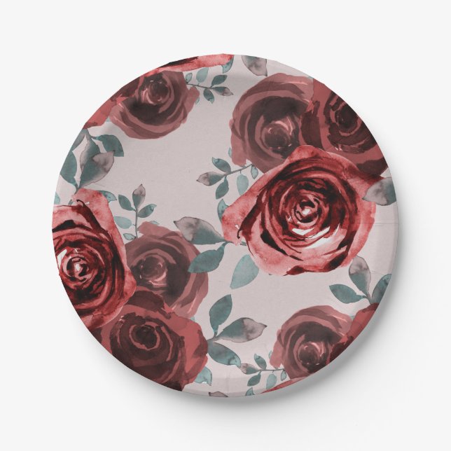 Taupe Burgundy Watercolor Roses Greenery Wedding Paper Plate (Front)