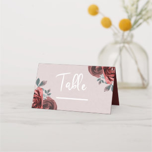 Taupe Burgundy Watercolor Roses Greenery Wedding Place Card