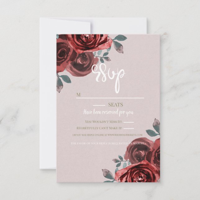 Taupe Burgundy Watercolor Roses Greenery Wedding RSVP Card (Front)