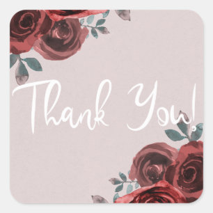 Taupe Burgundy Watercolor Roses Greenery Wedding Square Sticker