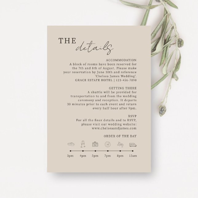 Taupe | Chic Minimalist Wedding Details Icons Enclosure Card (Creator Uploaded)
