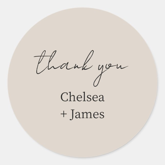 Taupe | Chic Simple Script Thank You Wedding Classic Round Sticker (Front)
