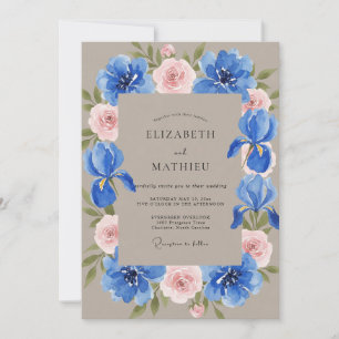 Taupe Cobalt Iris Eucalyptus Wedding Invitation