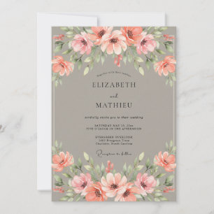 Taupe Coral Blossom Wedding Invitation