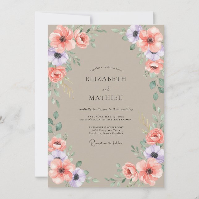 Taupe Coral Peony Wedding Invitation (Front)