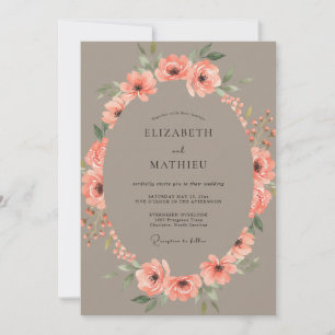 Taupe Coral Ranunculus Grey Eucalyptus Wedding Invitation